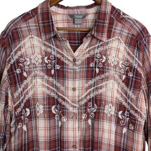 Natural Reflections Flannel Plaid Embroidered Top XL Red Cozy Cottagecore Retro